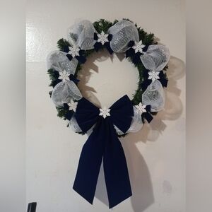 Festive Blue and White Holiday Wreath With Bows And Snowflakes, Christmas, Gift